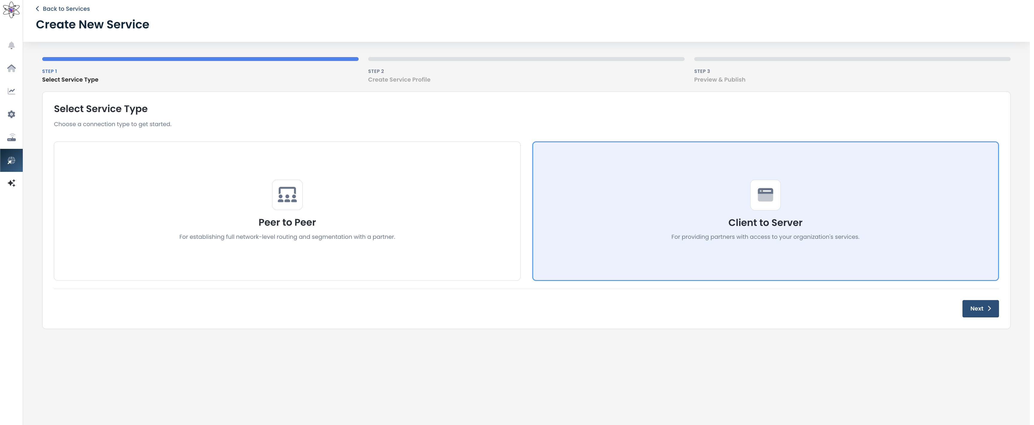 Select between Peer to Peer and Client to Server service types for connection.